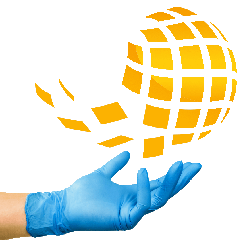 A hand in glove holding the sign of ® Global Glove Line from logotype